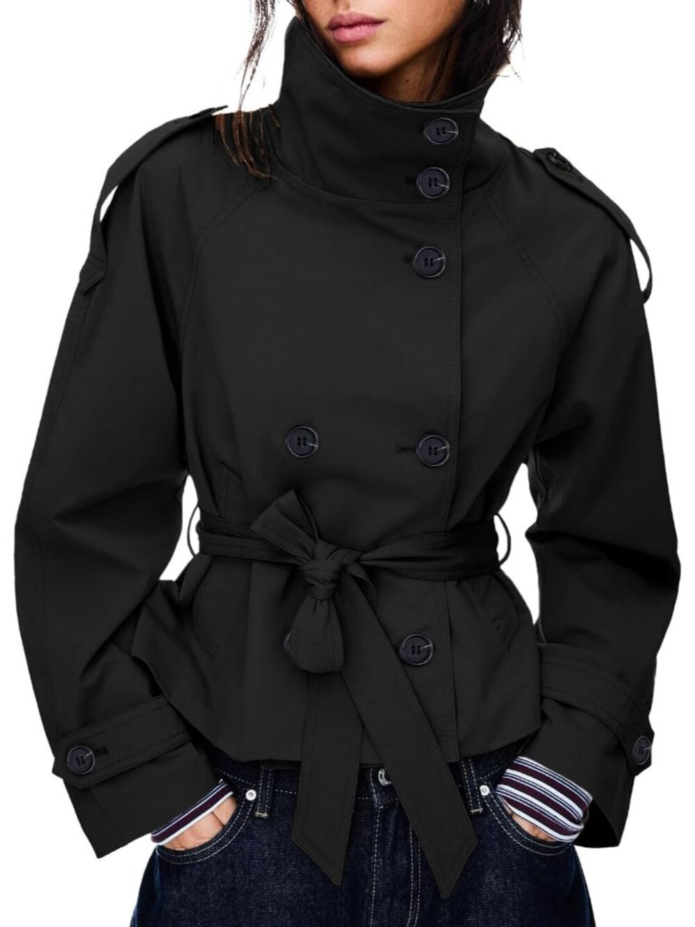 〽️Black Women's Cropped Trench Jacket High Neck Double Breasted Coat
